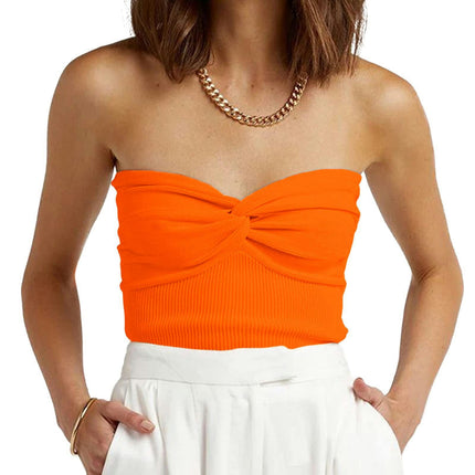 Womens Sleeveless Tube Tops Summer Twist Knot Front Knit Bandeau Strapless Crop Top