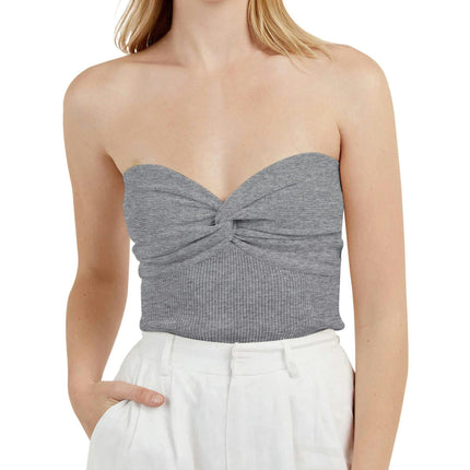 Womens Sleeveless Tube Tops Summer Twist Knot Front Knit Bandeau Strapless Crop Top