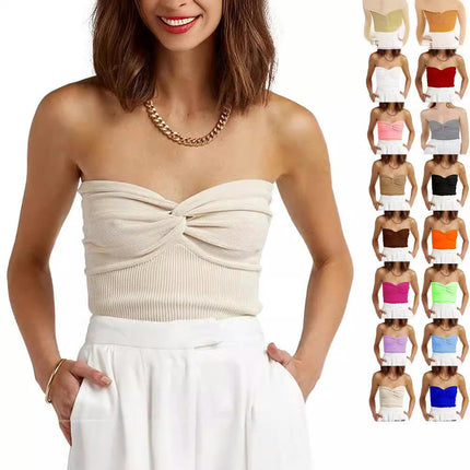 Womens Sleeveless Tube Tops Summer Twist Knot Front Knit Bandeau Strapless Crop Top