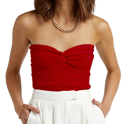 Womens Sleeveless Tube Tops Summer Twist Knot Front Knit Bandeau Strapless Crop Top