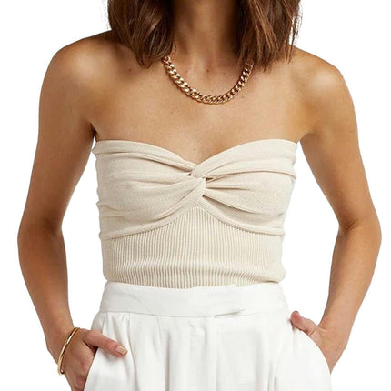 Womens Sleeveless Tube Tops Summer Twist Knot Front Knit Bandeau Strapless Crop Top