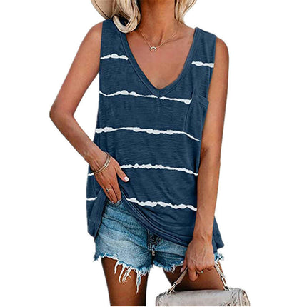 Womens V Neck Sleeveless Tank Tops Casual Summer T-Shirt Stripes Loose Fit Blouse