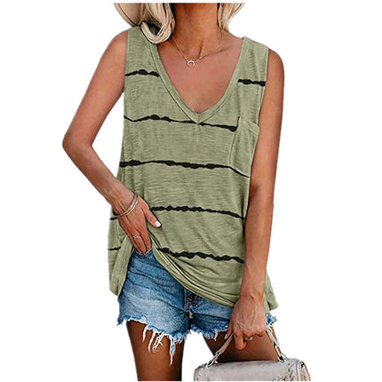 Womens V Neck Sleeveless Tank Tops Casual Summer T-Shirt Stripes Loose Fit Blouse