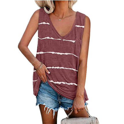 Womens V Neck Sleeveless Tank Tops Casual Summer T-Shirt Stripes Loose Fit Blouse