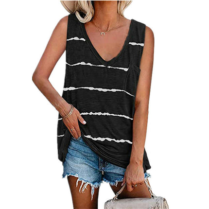 Womens V Neck Sleeveless Tank Tops Casual Summer T-Shirt Stripes Loose Fit Blouse