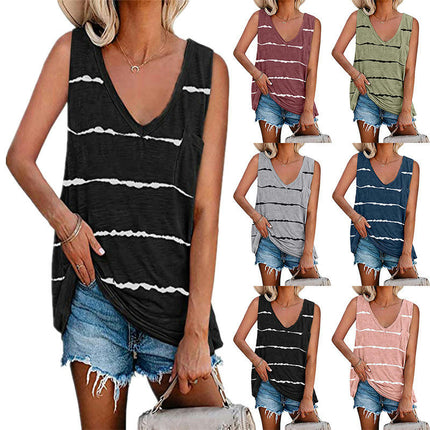 Womens V Neck Sleeveless Tank Tops Casual Summer T-Shirt Stripes Loose Fit Blouse