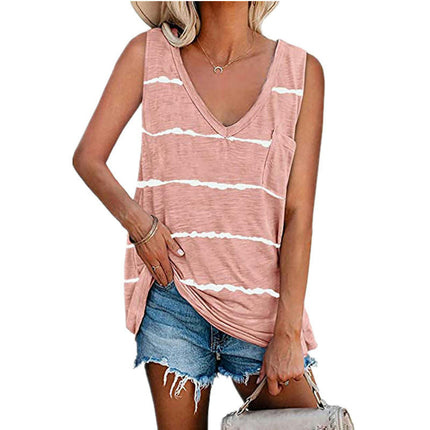 Womens V Neck Sleeveless Tank Tops Casual Summer T-Shirt Stripes Loose Fit Blouse