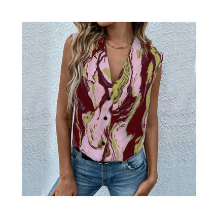 Women's Sleeveless Button Down Shirts Blouses Printed Casual Loose V Neck Tank Tops