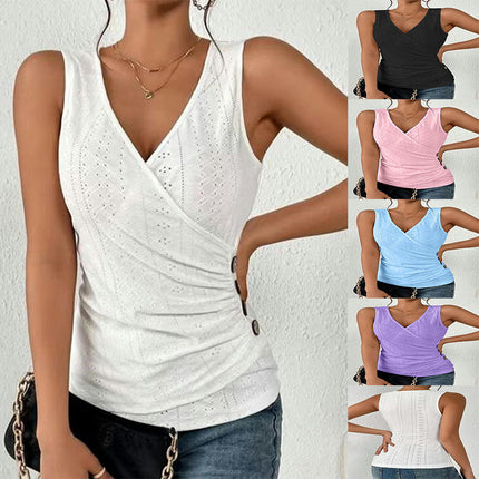 Women Summer Button Eyelet Tank Top Casual V Neck Pleated Sleeveless Blouse