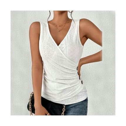 Women Summer Button Eyelet Tank Top Casual V Neck Pleated Sleeveless Blouse