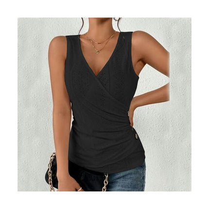 Women Summer Button Eyelet Tank Top Casual V Neck Pleated Sleeveless Blouse