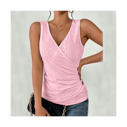 Women Summer Button Eyelet Tank Top Casual V Neck Pleated Sleeveless Blouse