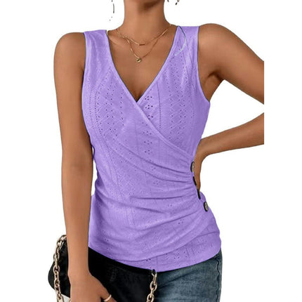 Women Summer Button Eyelet Tank Top Casual V Neck Pleated Sleeveless Blouse