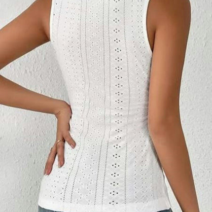 Women Summer Button Eyelet Tank Top Casual V Neck Pleated Sleeveless Blouse