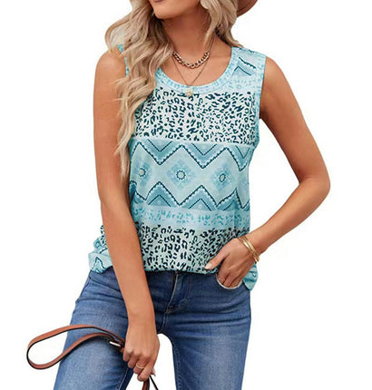 Women's Sleeveless Tank Tops Printed Loose Casual Blouse Crew Neck Tops