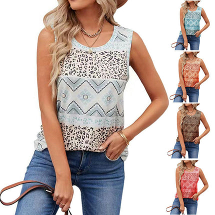 Women's Sleeveless Tank Tops Printed Loose Casual Blouse Crew Neck Tops