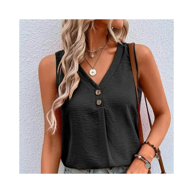 Women's Sleeveless V Neck Button Down Blouses Casual Loose Tank Tops