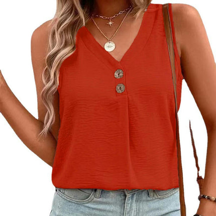 Women's Sleeveless V Neck Button Down Blouses Casual Loose Tank Tops