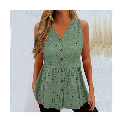 Women Summer Button Down Eyelet Tank Top Casual V Neck Flowy Sleeveless Top