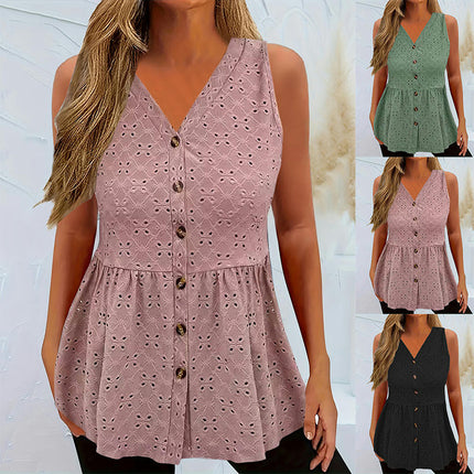 Women Summer Button Down Eyelet Tank Top Casual V Neck Flowy Sleeveless Top