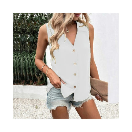 Women Summer Chiffon V Neck Button Down Tank Top Casual Sleeveless Top