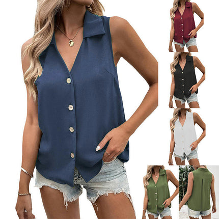 Women Summer Chiffon V Neck Button Down Tank Top Casual Sleeveless Top