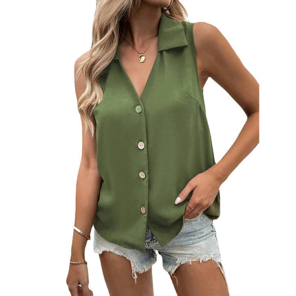 Women Summer Chiffon V Neck Button Down Tank Top Casual Sleeveless Top