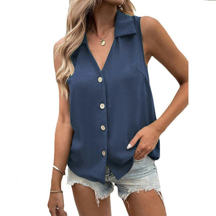 Women Summer Chiffon V Neck Button Down Tank Top Casual Sleeveless Top