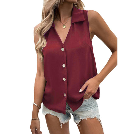 Women Summer Chiffon V Neck Button Down Tank Top Casual Sleeveless Top