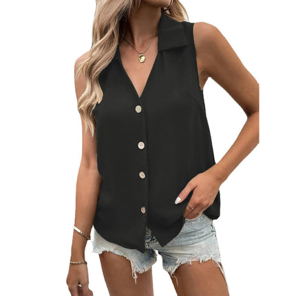 Women Summer Chiffon V Neck Button Down Tank Top Casual Sleeveless Top