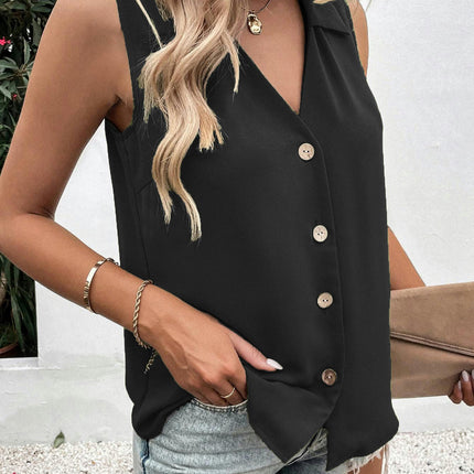 Women Summer Chiffon V Neck Button Down Tank Top Casual Sleeveless Top