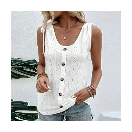 Women's Button Down Tank Tops Scoop Neck Sleeveless T Shirts Eyelet Blouses