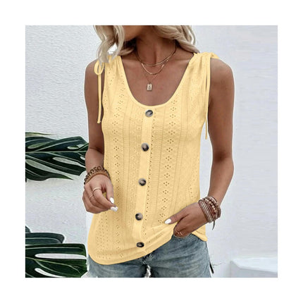 Women's Button Down Tank Tops Scoop Neck Sleeveless T Shirts Eyelet Blouses