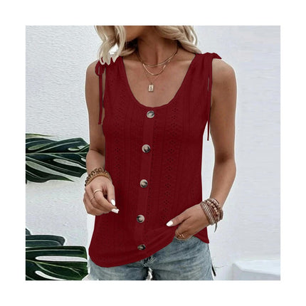 Women's Button Down Tank Tops Scoop Neck Sleeveless T Shirts Eyelet Blouses