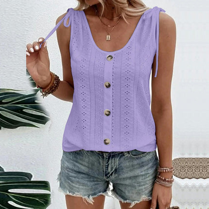 Women's Button Down Tank Tops Scoop Neck Sleeveless T Shirts Eyelet Blouses