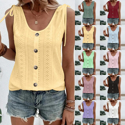 Women's Button Down Tank Tops Scoop Neck Sleeveless T Shirts Eyelet Blouses