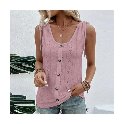 Women's Button Down Tank Tops Scoop Neck Sleeveless T Shirts Eyelet Blouses