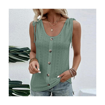 Women's Button Down Tank Tops Scoop Neck Sleeveless T Shirts Eyelet Blouses