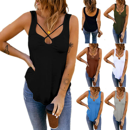 Women's Sexy U Neck Tops Summer Criss Cross Sleeveless Tank Top