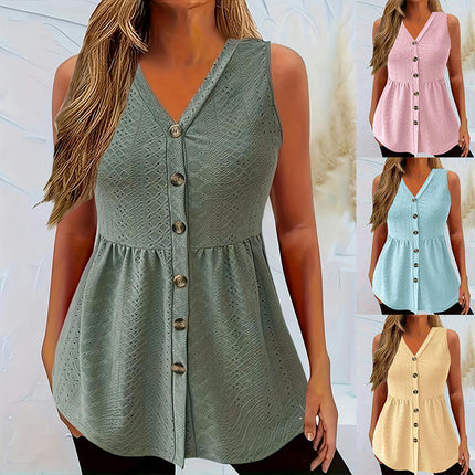 Women's Button Down Eyelet Tank Top Summer V Neck Tee Shirts Sleeveless Loose Blouse