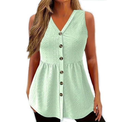 Women's Button Down Eyelet Tank Top Summer V Neck Tee Shirts Sleeveless Loose Blouse