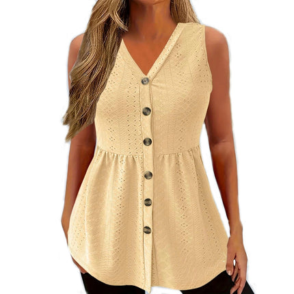 Women's Button Down Eyelet Tank Top Summer V Neck Tee Shirts Sleeveless Loose Blouse