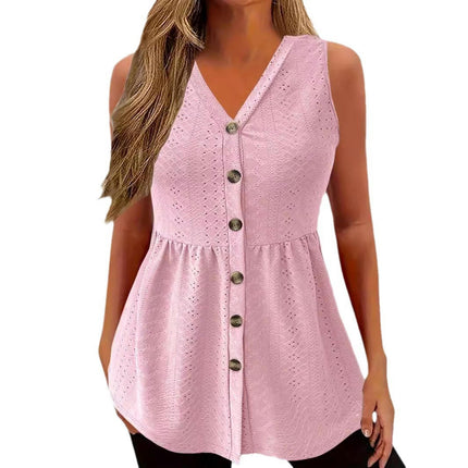 Women's Button Down Eyelet Tank Top Summer V Neck Tee Shirts Sleeveless Loose Blouse