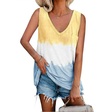 Women's Summer Sleeveless Tank Top Casual V Neck Color block Blouse