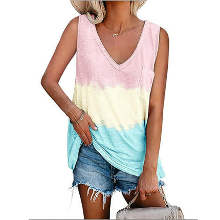 Women's Summer Sleeveless Tank Top Casual V Neck Color block Blouse