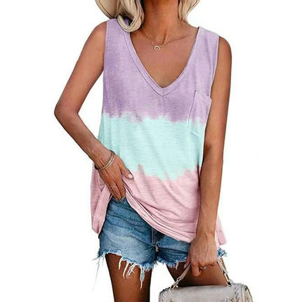 Women's Summer Sleeveless Tank Top Casual V Neck Color block Blouse