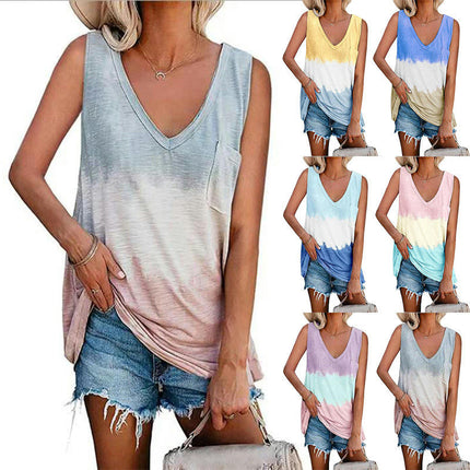 Women's Summer Sleeveless Tank Top Casual V Neck Color block Blouse