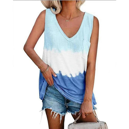 Women's Summer Sleeveless Tank Top Casual V Neck Color block Blouse