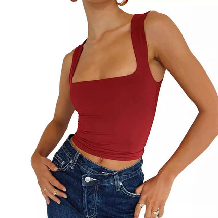 Women Sleeveless Square Neck Crop Tank Tops Summer Slim Fit Basic Cami Tank