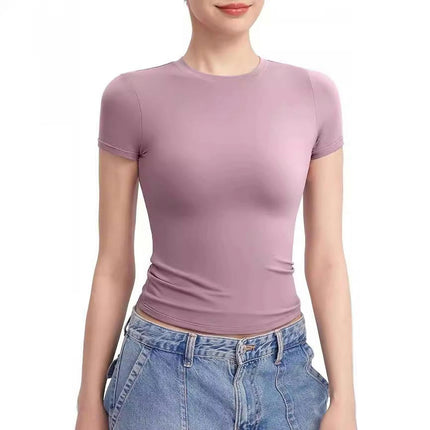 Womens Crewneck Short Sleeve T-Shirt Slim Fit Tops Solid Basic Tee